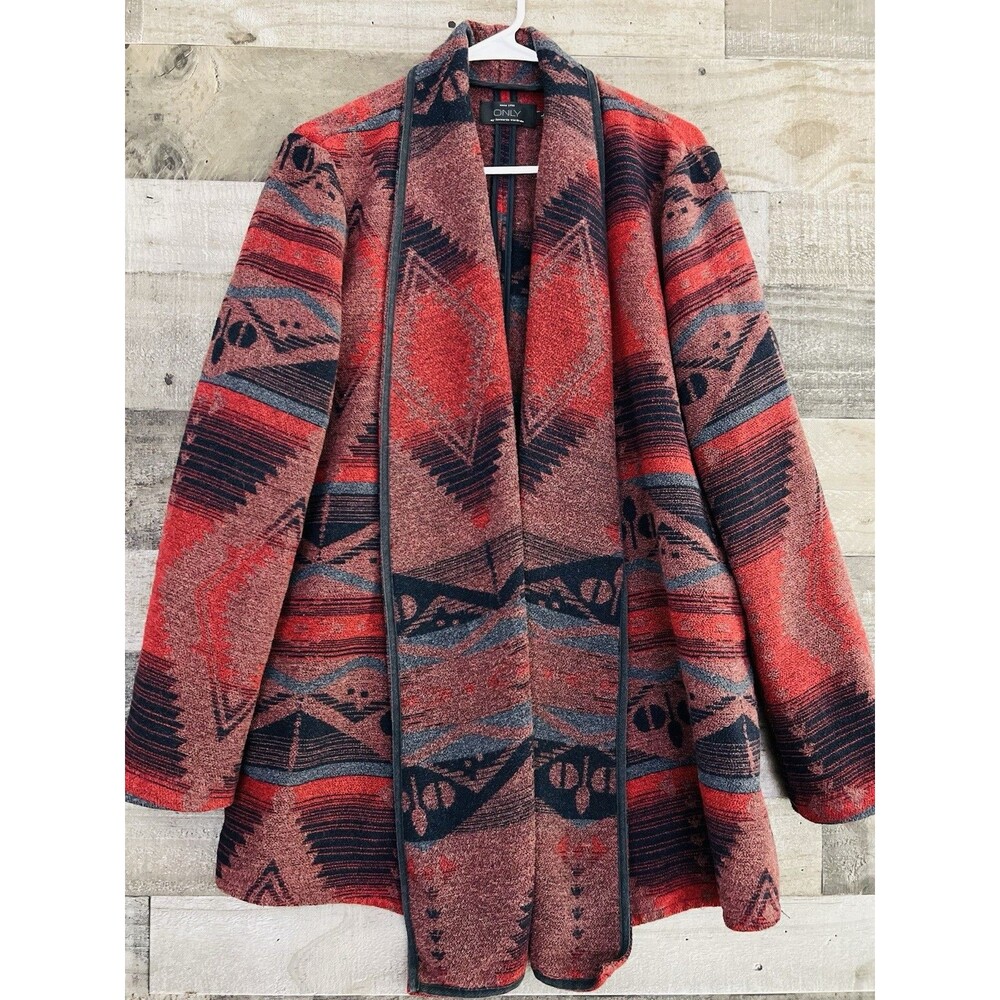 ONLY Red Aztec Southwestern Open Front Cardigan Jacket Red Boho Tribal Large